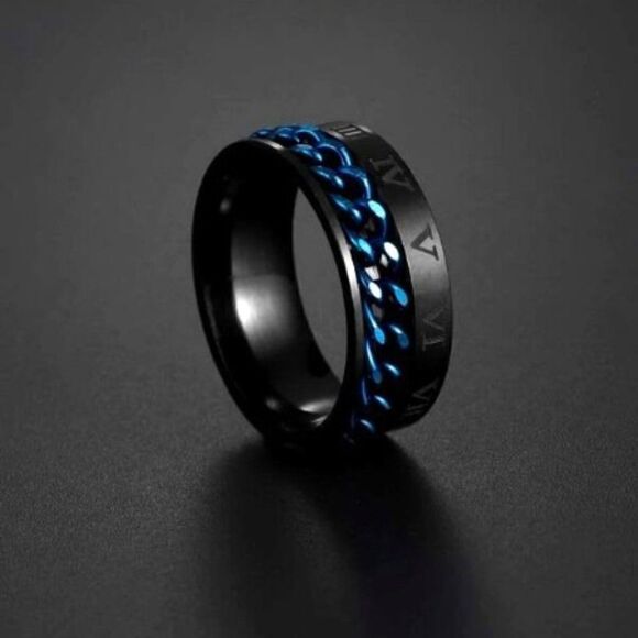 STAINLESS STEEL BLACK BLUE BRAIDED RING